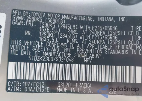 2007 Toyota Sienna Le z USA, uszkodzony, nr VIN 5TDZK23C07S024048